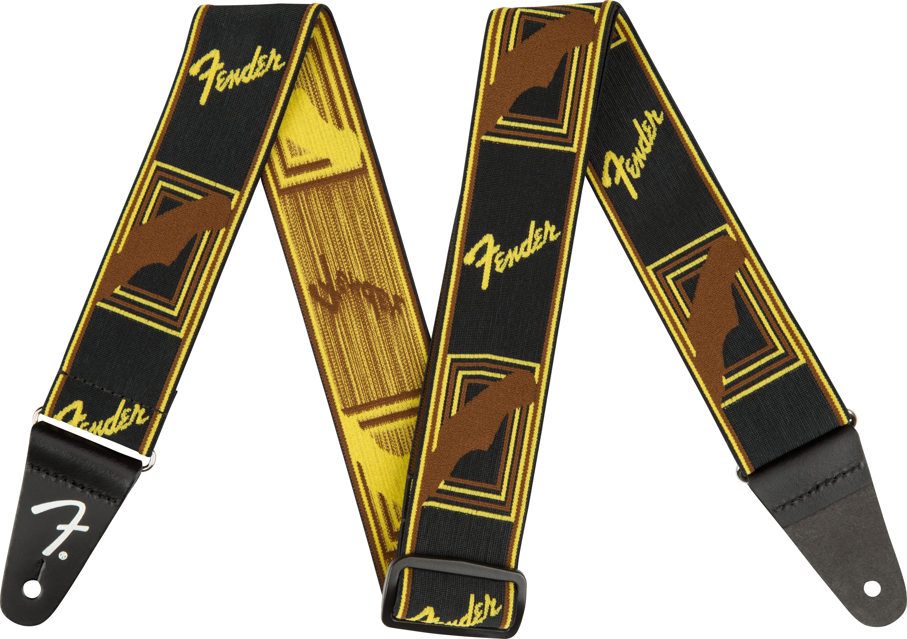 Fender Straps // WeighLess™ Monogram Strap, Black/Yellow/Brown, 2"