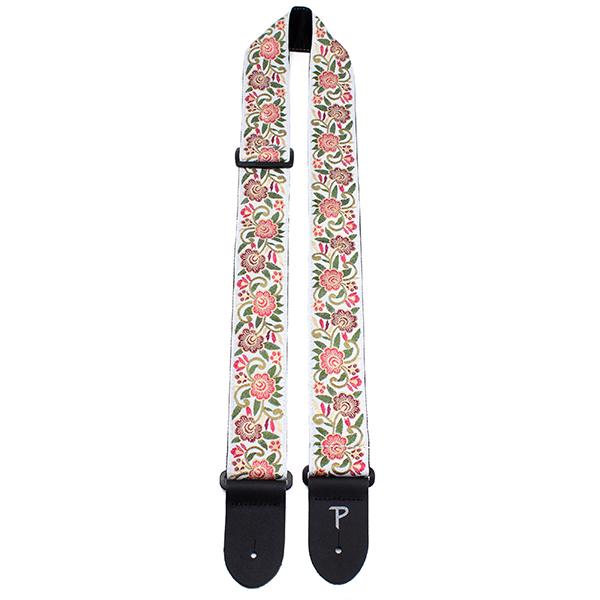 PERRI’S Leathers - 2" WHITE WITH FLORAL TRAIL JACQUARD GUITAR STRAP WITH LEATHER ENDS