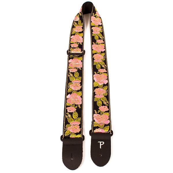PERRI’S Leathers - 2" PINK ROSES ON BLACK JACQUARD WITH LEATHER ENDS