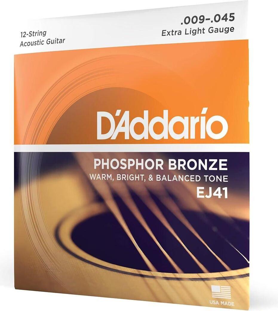 D'Addario Cordes en bronze phosphoreux pour guitare acoustique 12 cordes D'Addario EJ41, Extra Light, 9-45 – Image 1