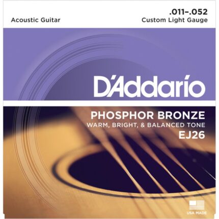 D'Addario Cordes en Bronze Phosphoreux pour Guitare Acoustique avec Revêtement D'Addario EJ26 Custom Light 11-52 1-Jeux