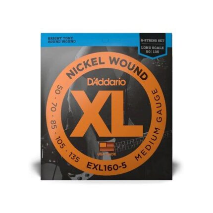 D'Addario Cordes en nickel pour basse 5 cordes D'Addario EXL160-5, Medium, 50-135, cordes longues
