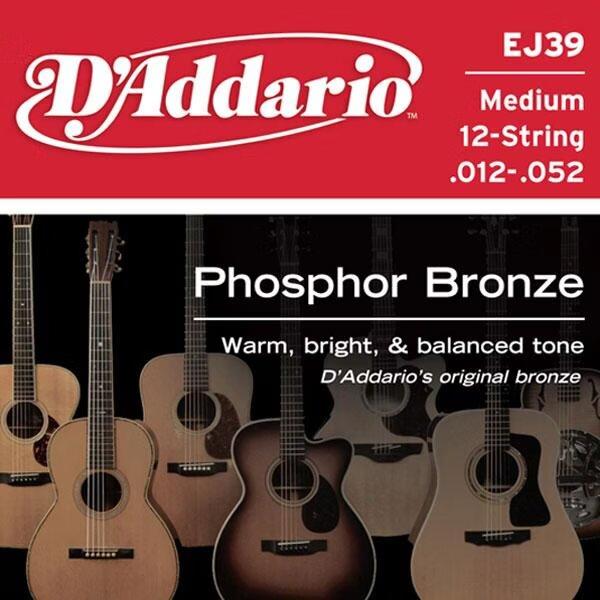 D'Addario Cordes en bronze phosphoreux pour guitare acoustique 12 cordes D'Addario EJ39, Medium, 12-52 – Image 1